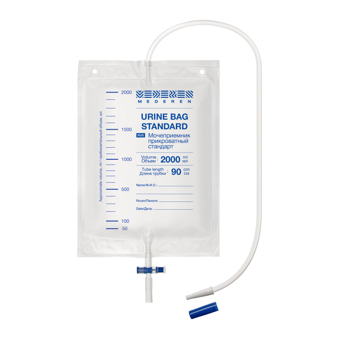 Мочеприемник прикроватный Стандарт, с Т-образным краном, объем 2000 мл, трубка 90 см.